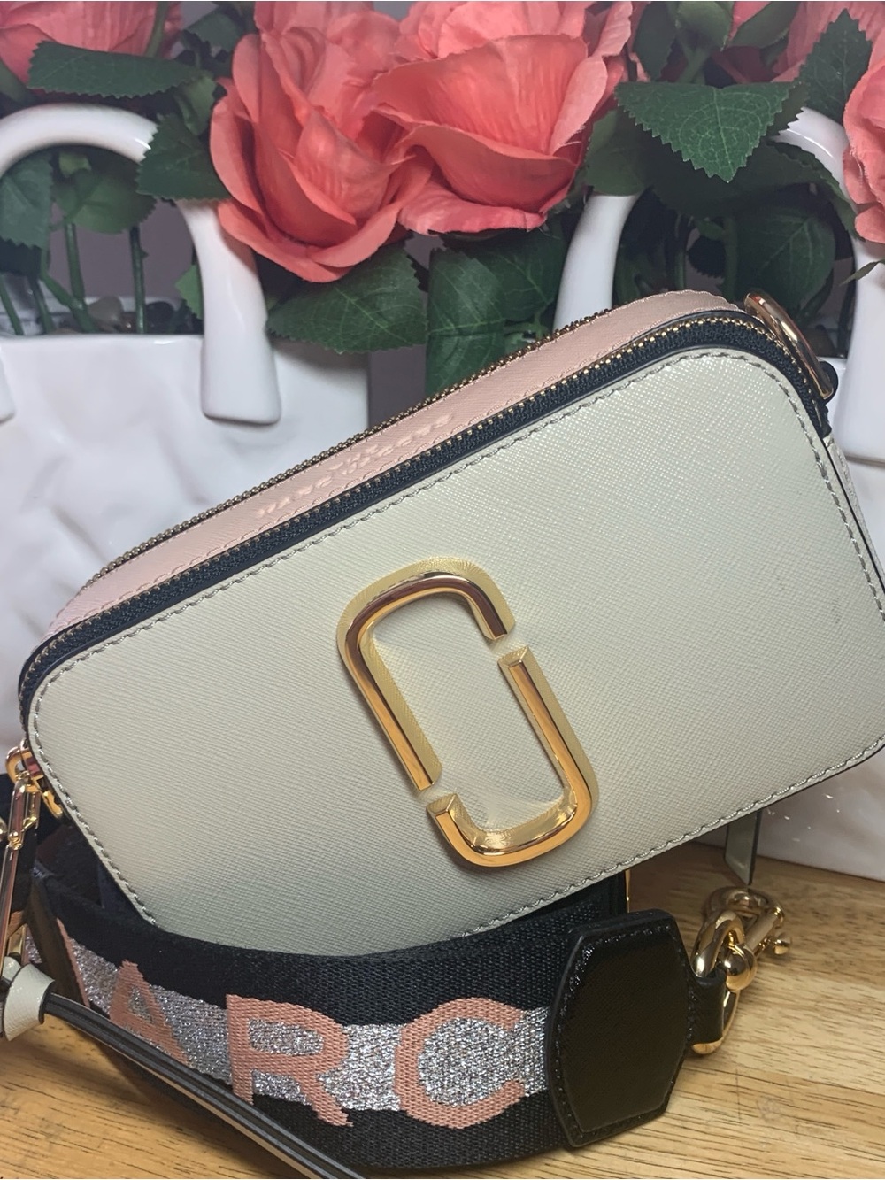 Marc Jacobs Cream and Blush Camera Crossbody with Gold Hardware